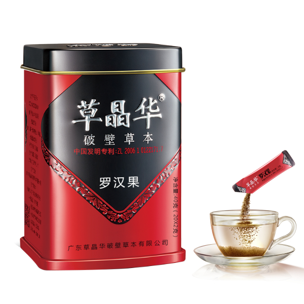 草晶华罗汉果破壁草本代用茶  产品规格：每罐20袋 每袋2克  价格：120元/罐  原料产地：广西  性状：黄褐色至褐色的颗粒；味甜，气微，无异味。