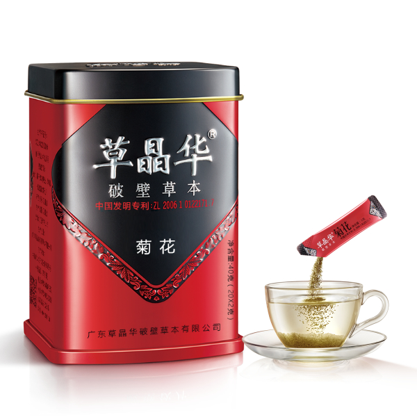 草晶华菊花破壁草本  产品规格：每罐20袋 每袋1克  价格：85元/罐原料产地：浙江  性状：黄绿色至褐绿色颗粒；味甘，微苦，气清香，无异味。