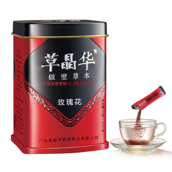 草晶华玫瑰花破壁草本 产品规格：每罐20袋 每袋1克  价格：90元/罐原料产地：甘肃  性状：淡紫红色至紫红色的颗粒；味微苦涩，气芳香浓郁，无异味。